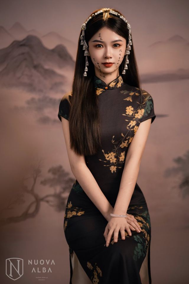旗袍-墨色书法新中式旗袍造型-竖屏-B-237