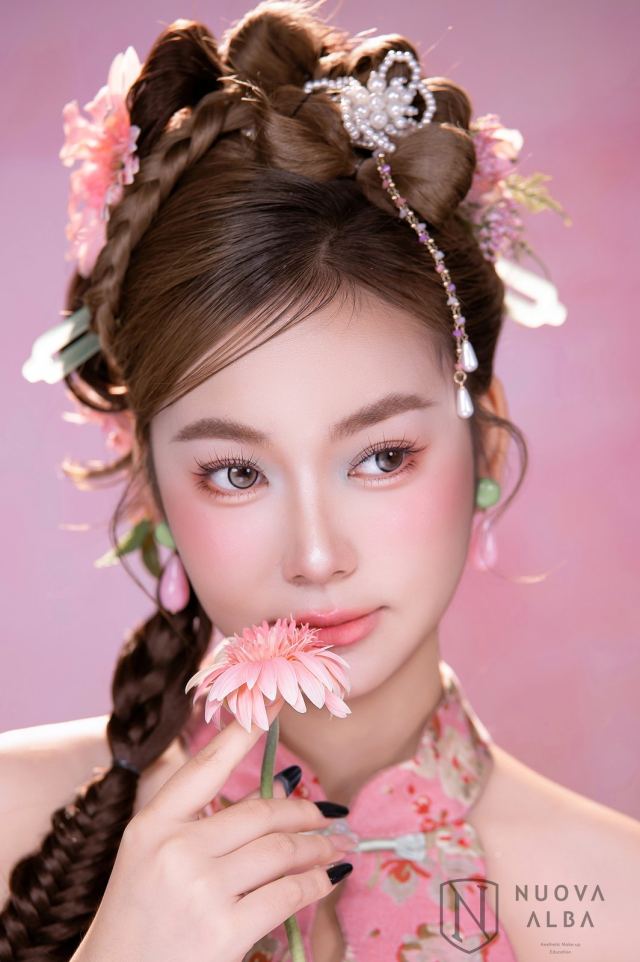 旗袍-粉花旗袍甜系新中式造型-竖屏-B-436